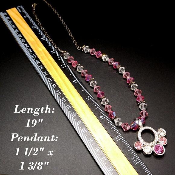 Artisan Pink Clear Crystal Bead Necklace, Sterling Silver Chain, 19 In - Picture 6 of 8